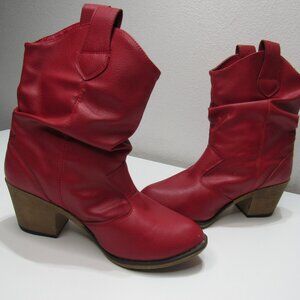 Red Vegan Leather Pull On Slouch Cowgirl Boho Whimsical Ankle Boots booties 6M
